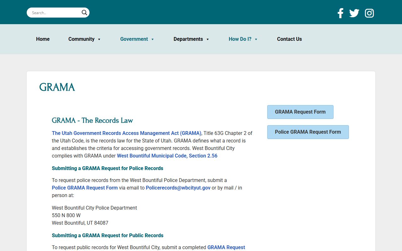 West Bountiful GRAMA records request portal as reference for Bountiful records process