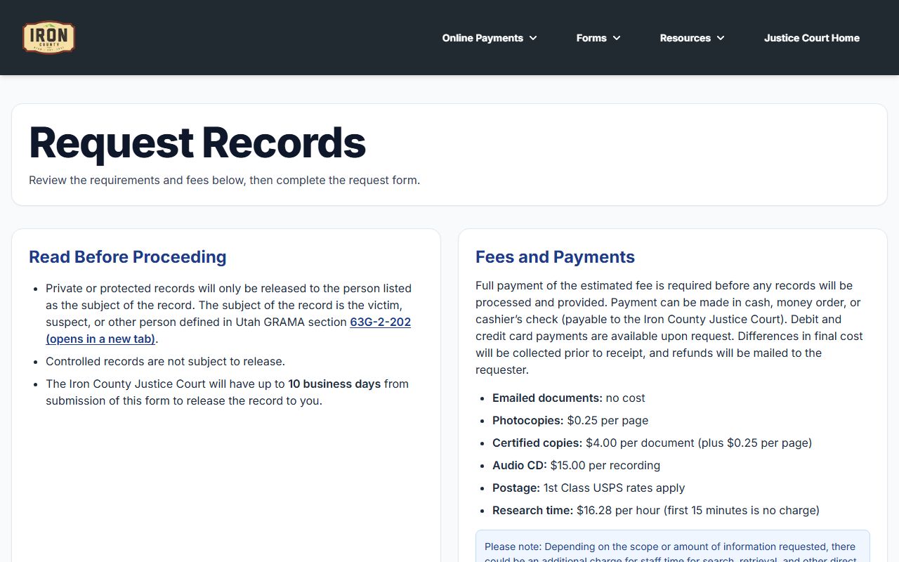 Iron County Justice Court records request page for Cedar City criminal court records