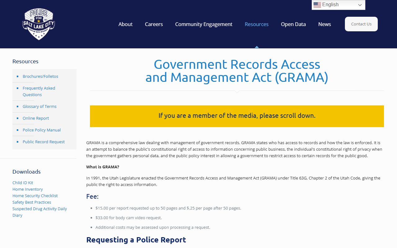 Salt Lake City Police Department GRAMA records request for criminal records