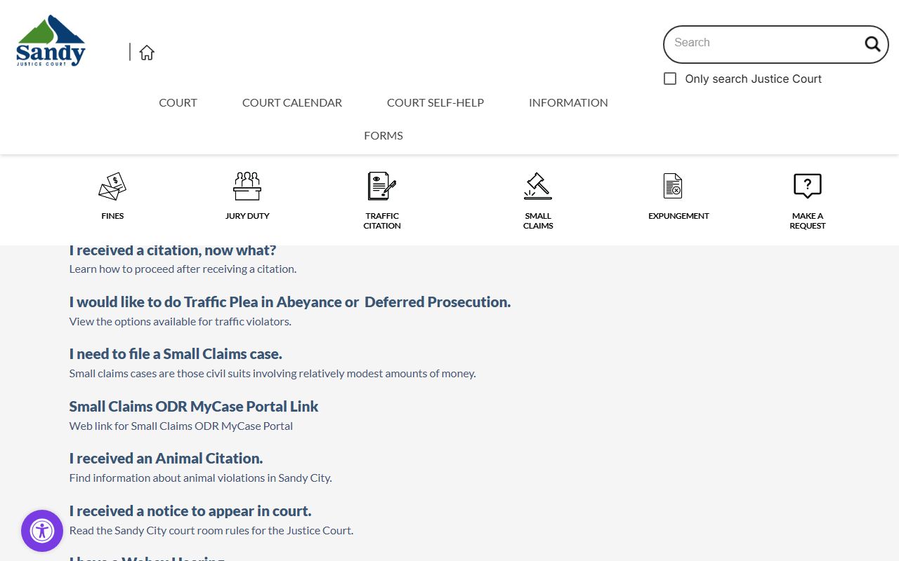 Sandy City Justice Court self-help criminal court records