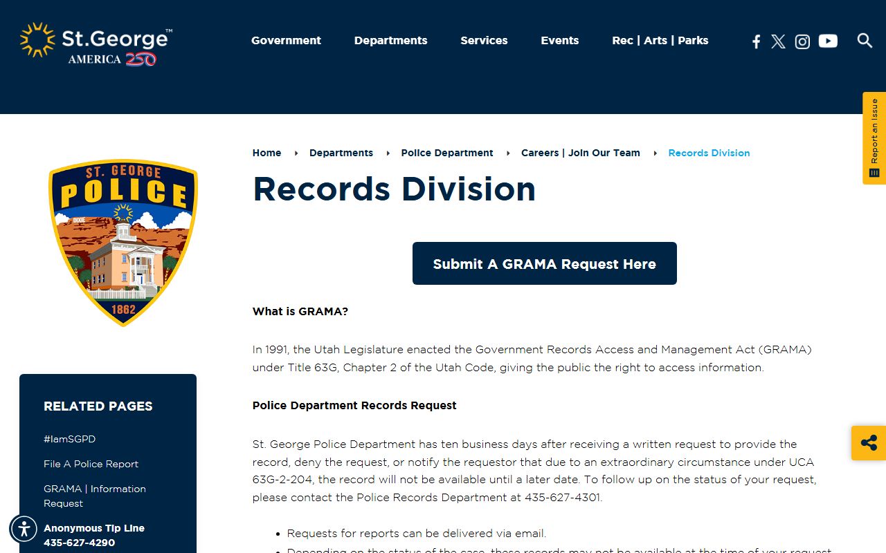 St. George Police Department records division GRAMA request information