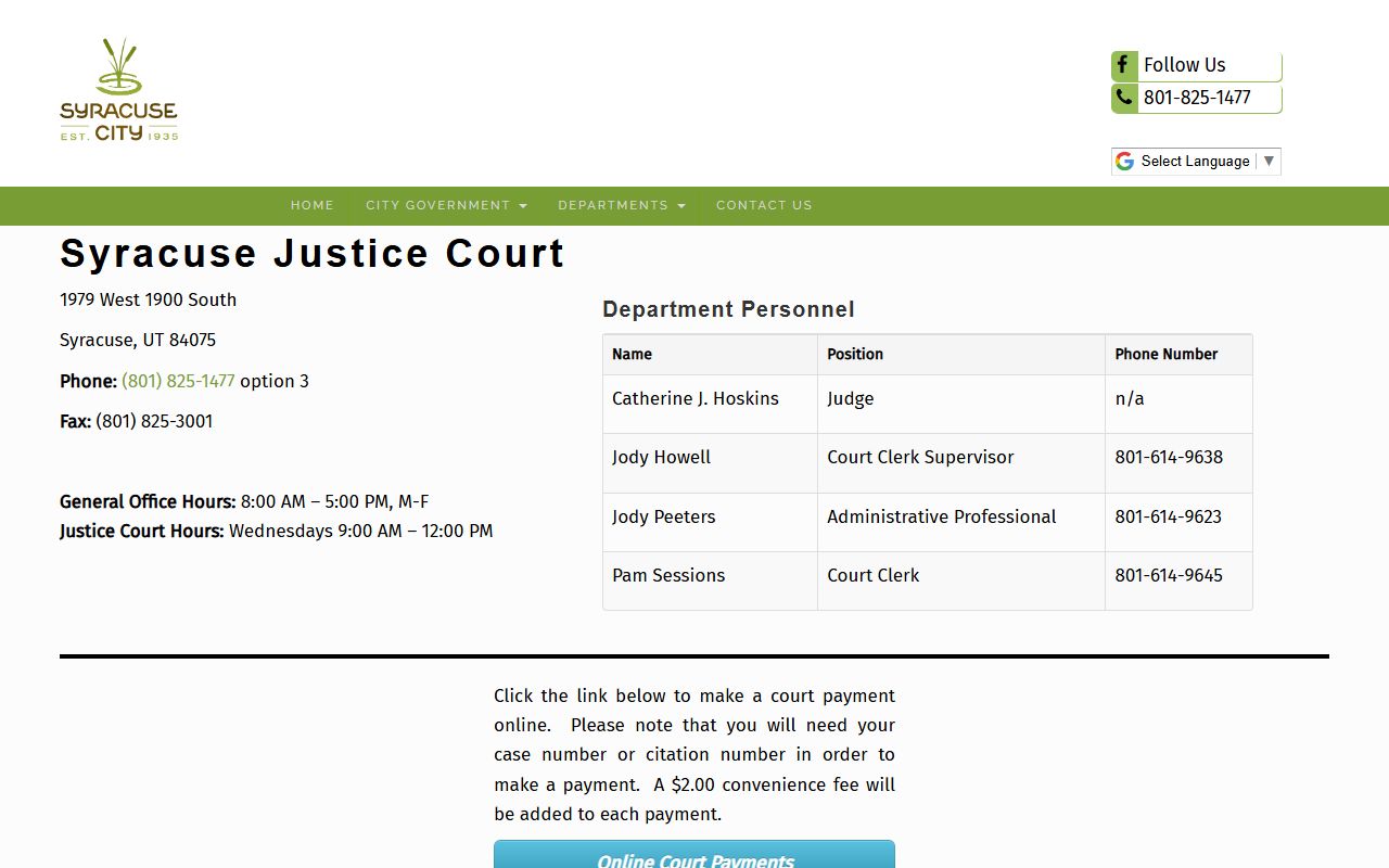 Syracuse Justice Court page for Syracuse criminal court records and case payments