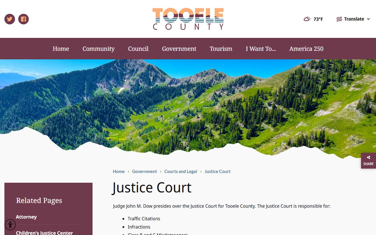 Tooele County Justice Court page for Tooele criminal court records and case lookup