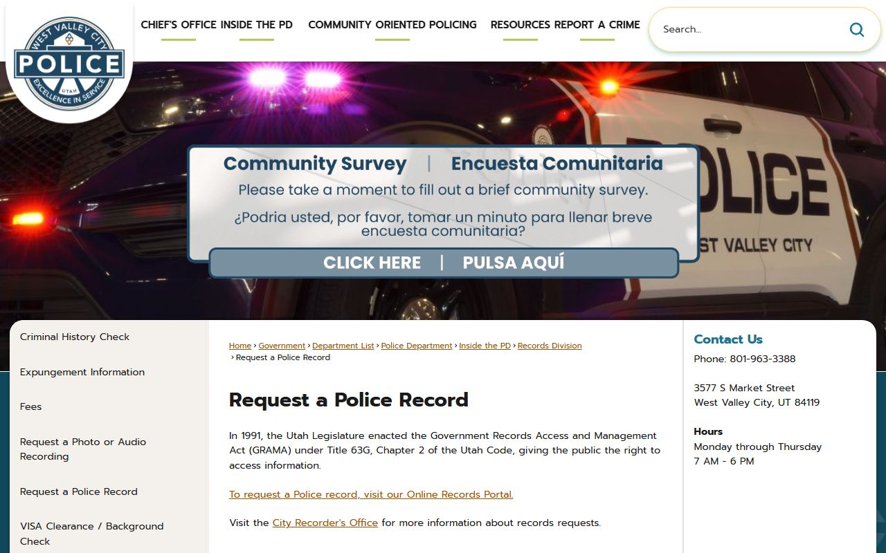 West Valley City online police records request form for criminal records
