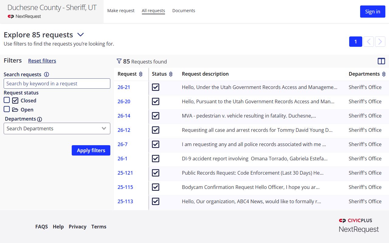 Duchesne County Sheriff NextRequest GRAMA portal for criminal records