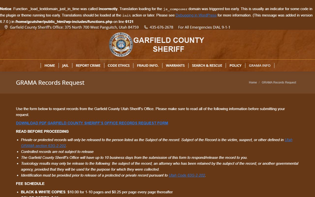 Garfield County Sheriff GRAMA records request portal for criminal court records