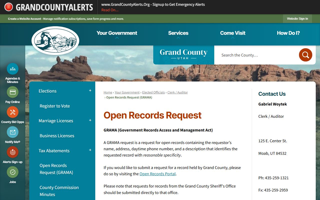 Grand County GRAMA open records request portal for criminal court records