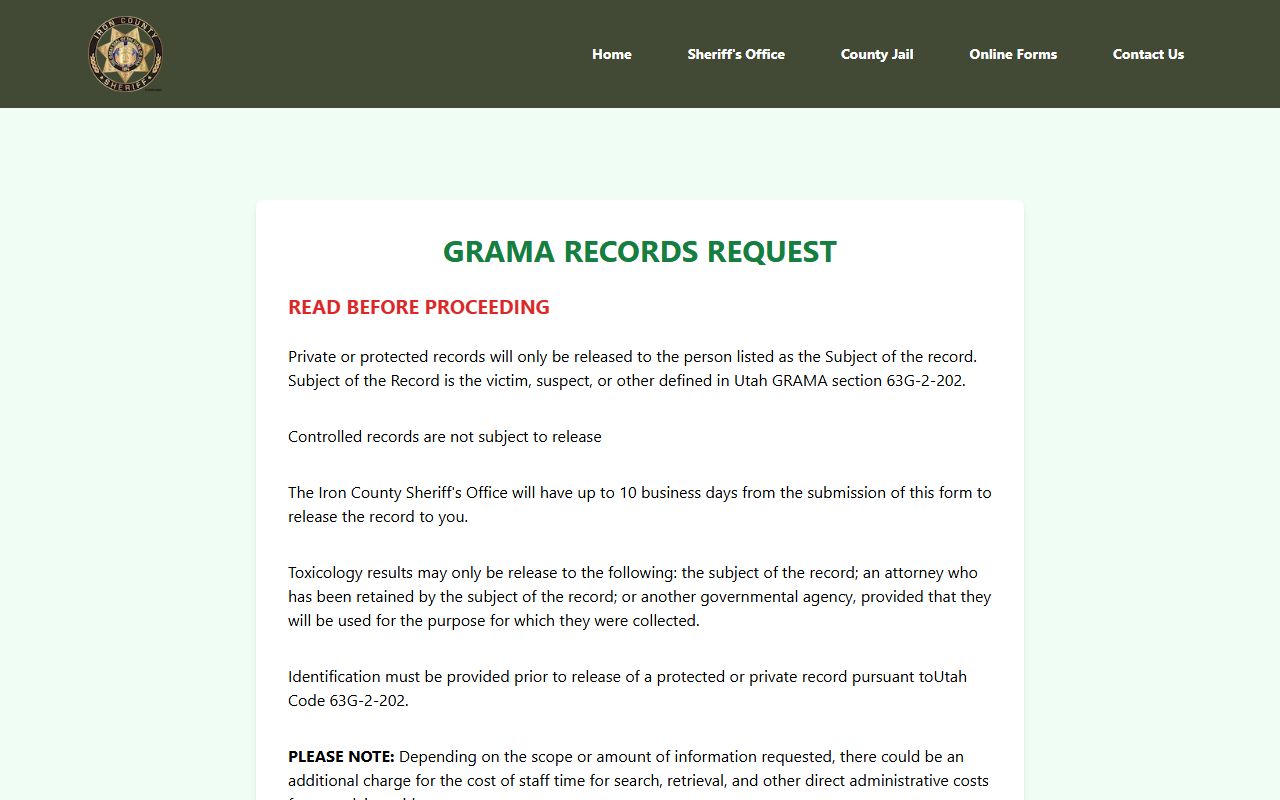 Iron County Sheriff records request form for criminal court records