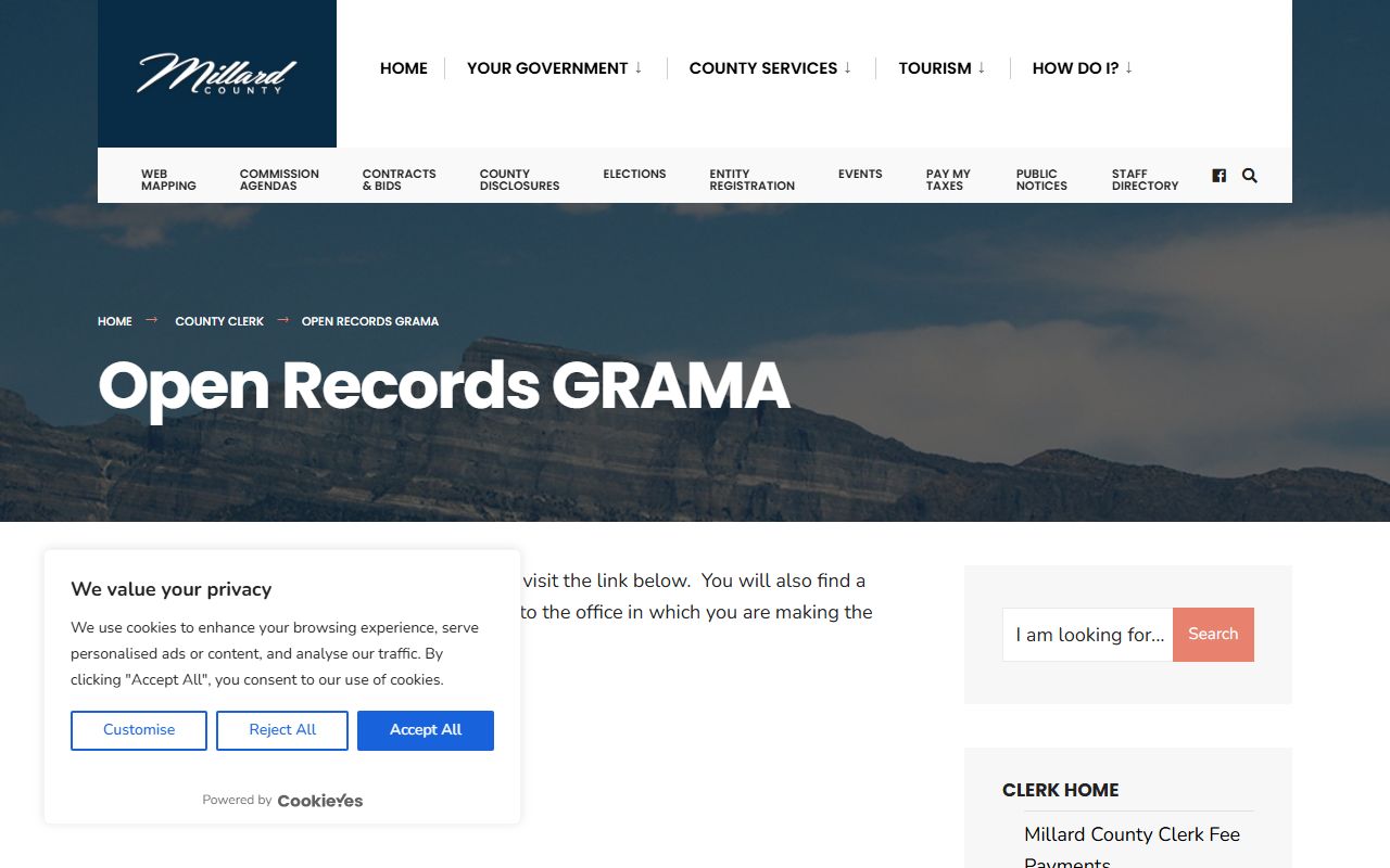 Millard County GRAMA public records request form for criminal court records