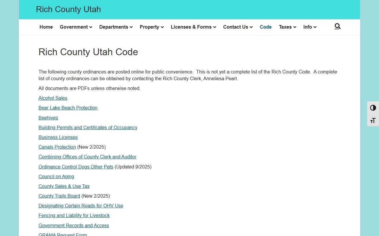 Rich County GRAMA and code page for public records access