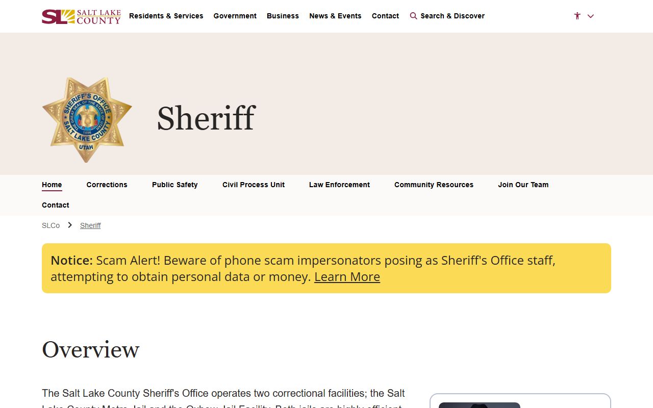 Salt Lake County Sheriff's Office website for arrest records and criminal records