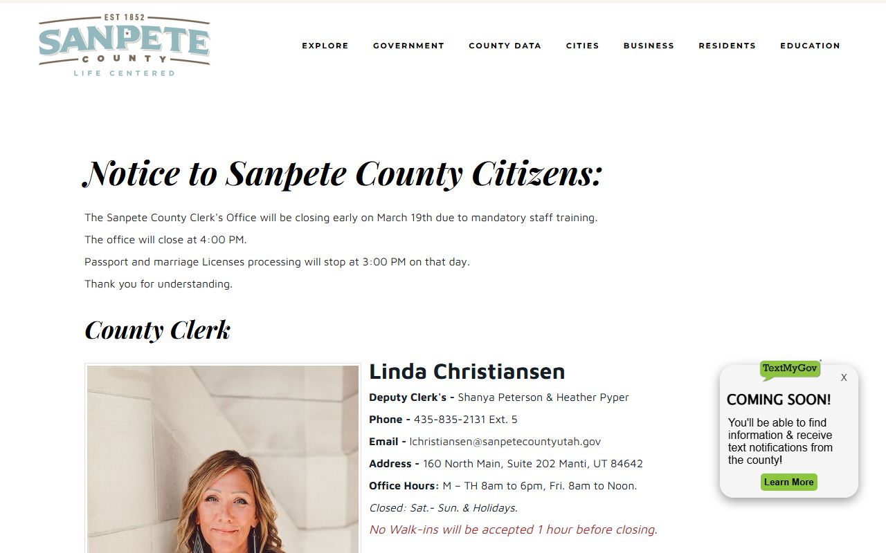 Sanpete County Clerk page for GRAMA requests and criminal court records