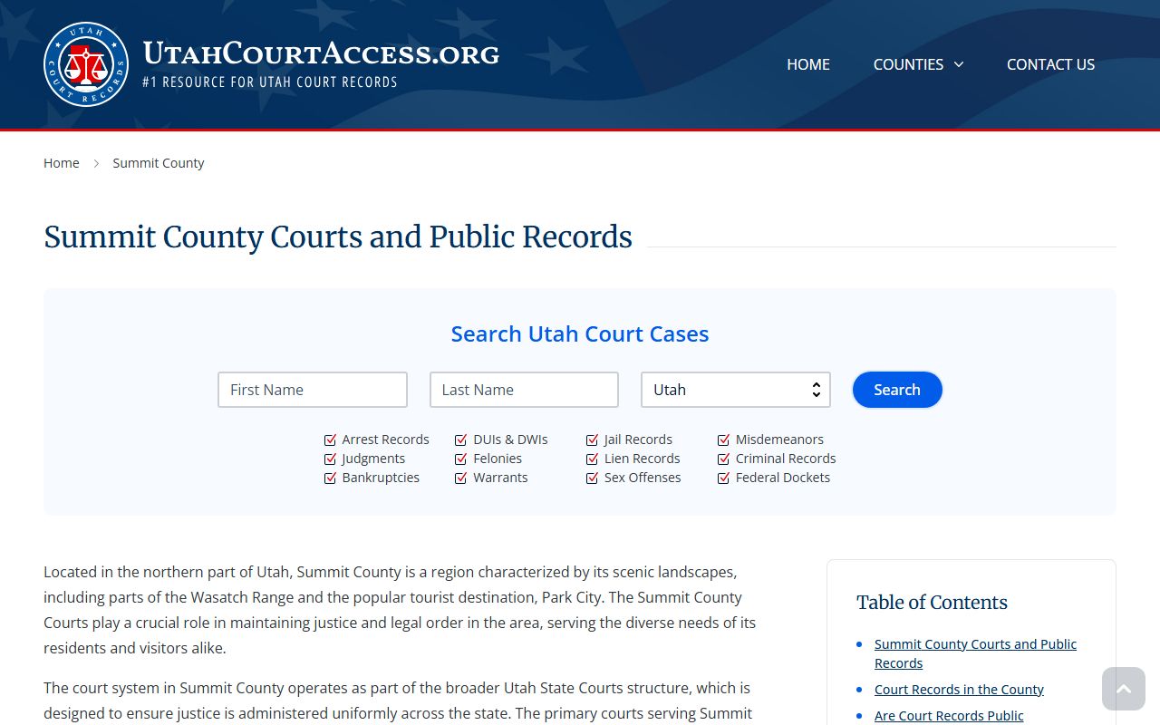 Utah Court Access page for Summit County criminal court records