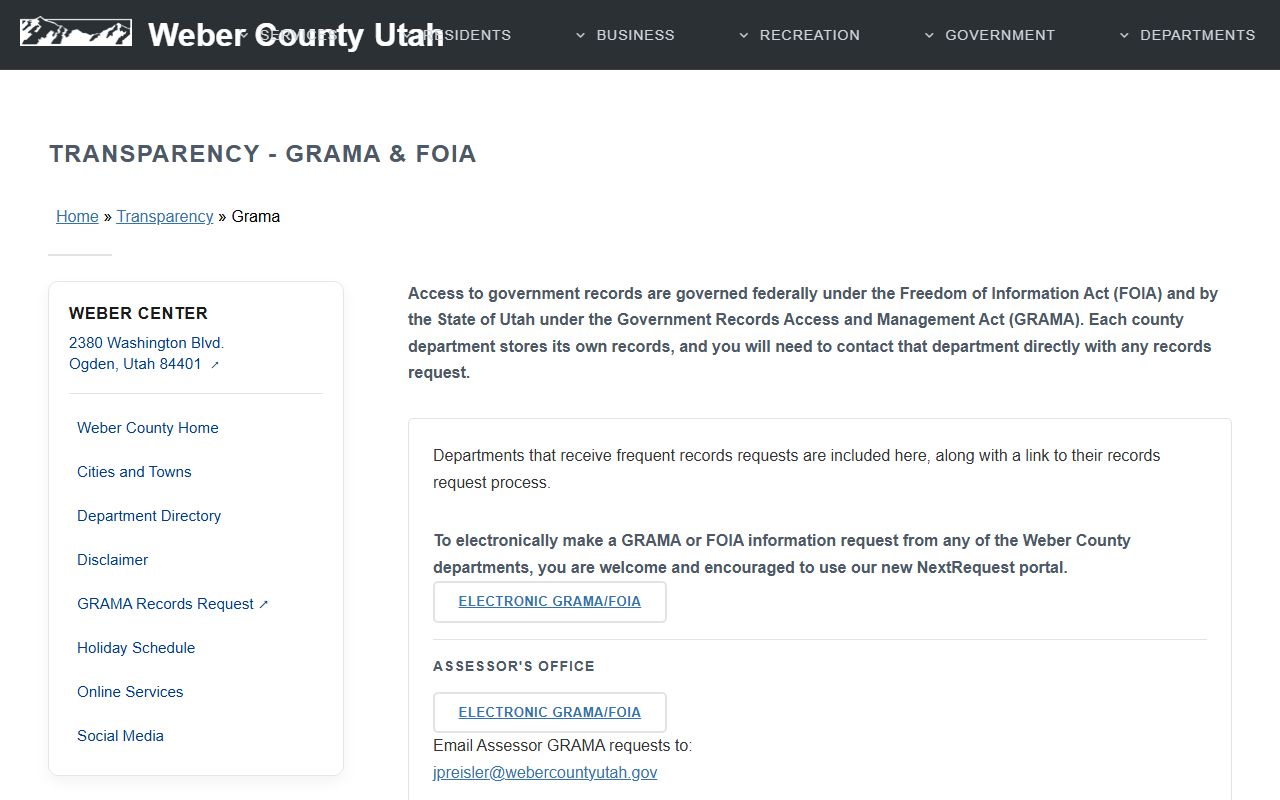 Weber County GRAMA transparency portal for criminal court records requests