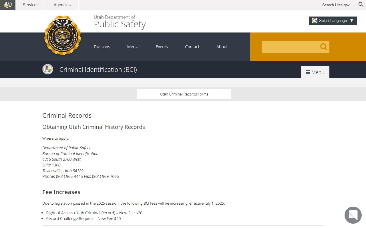 Utah Bureau of Criminal Identification criminal records page for accessing Utah criminal court records