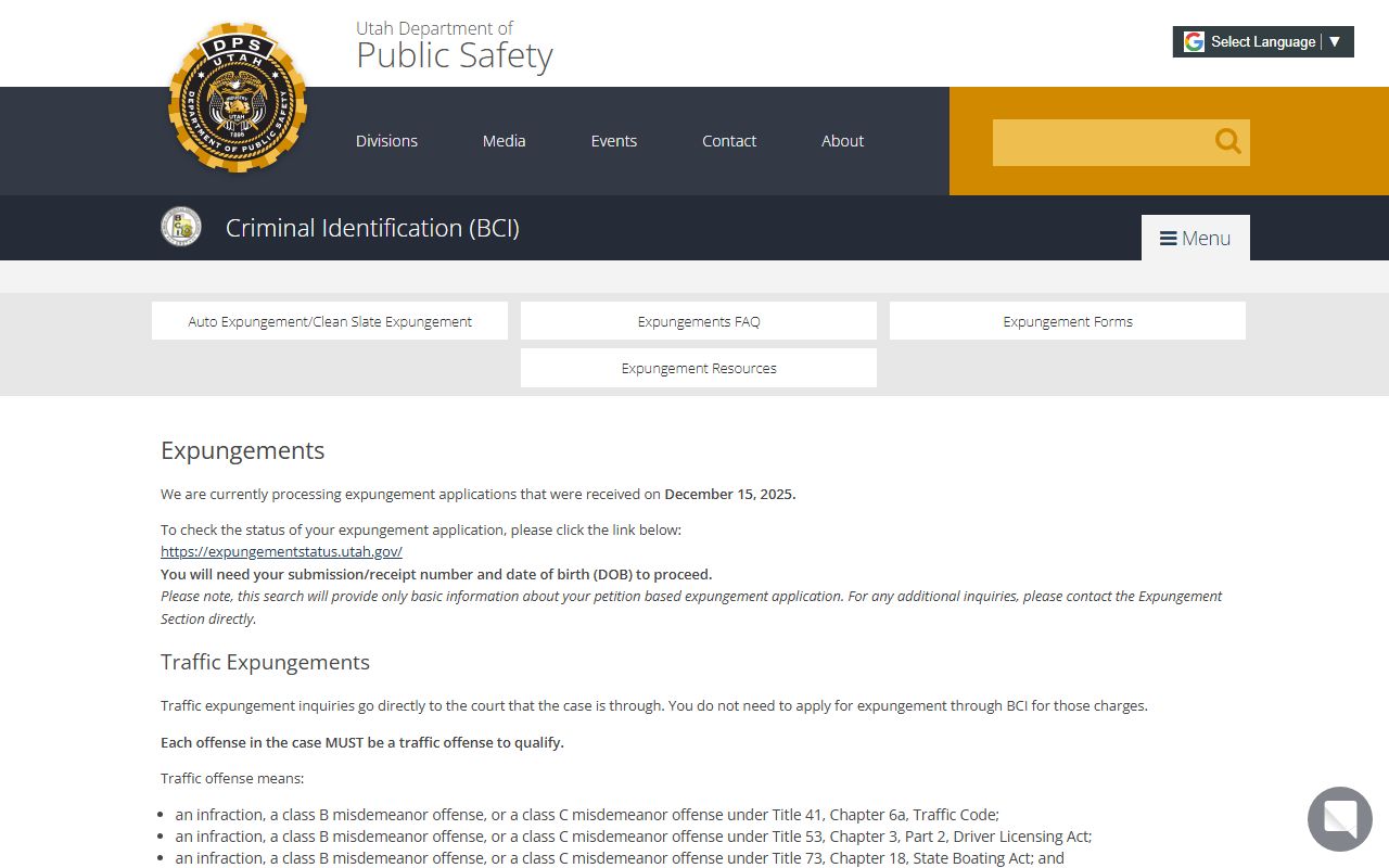 Utah BCI expungements page showing petition process and certificate requirements for Utah criminal court records
