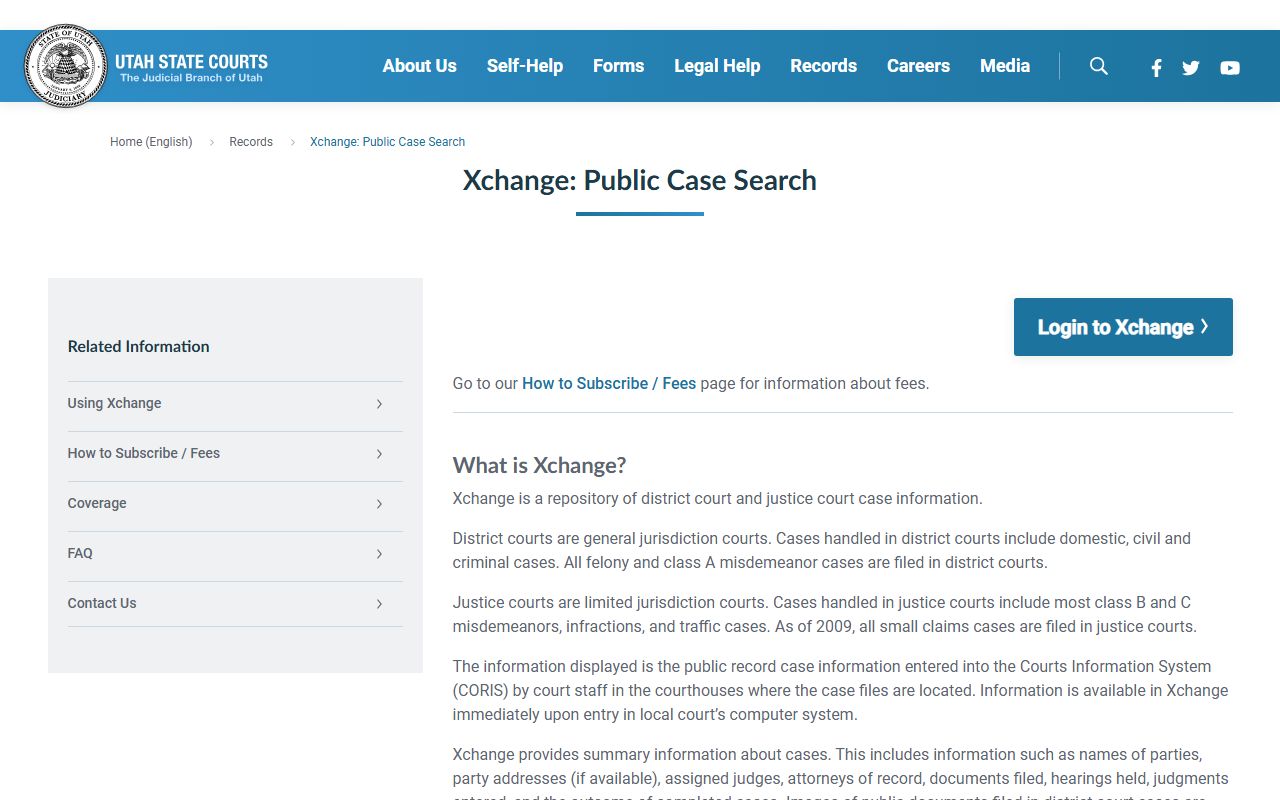 Utah XChange public case search system interface for Utah criminal court records